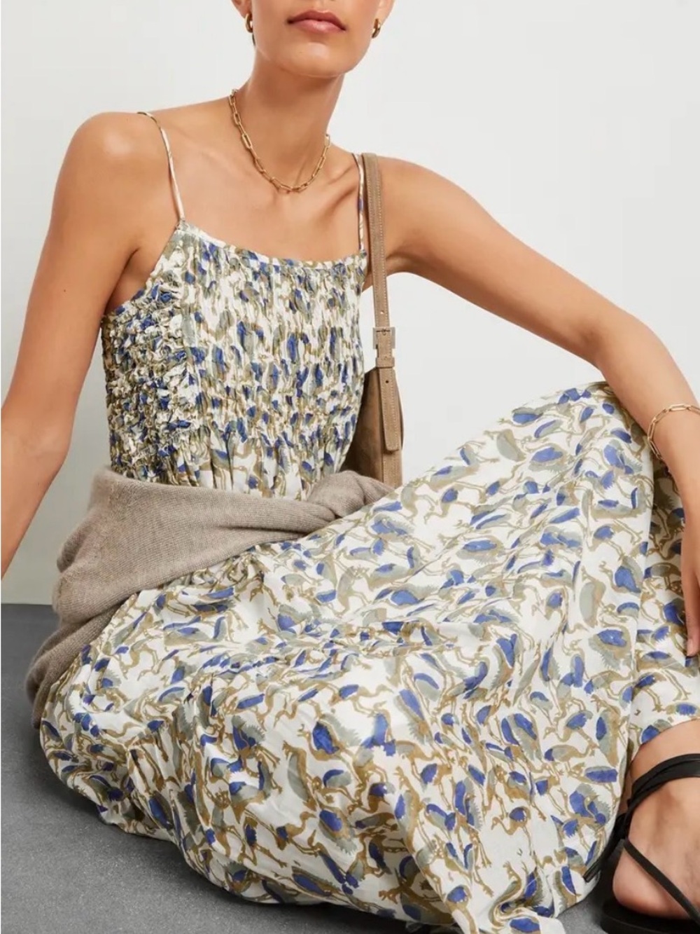 Floral Smocked Midi Dress in Blue and Cream